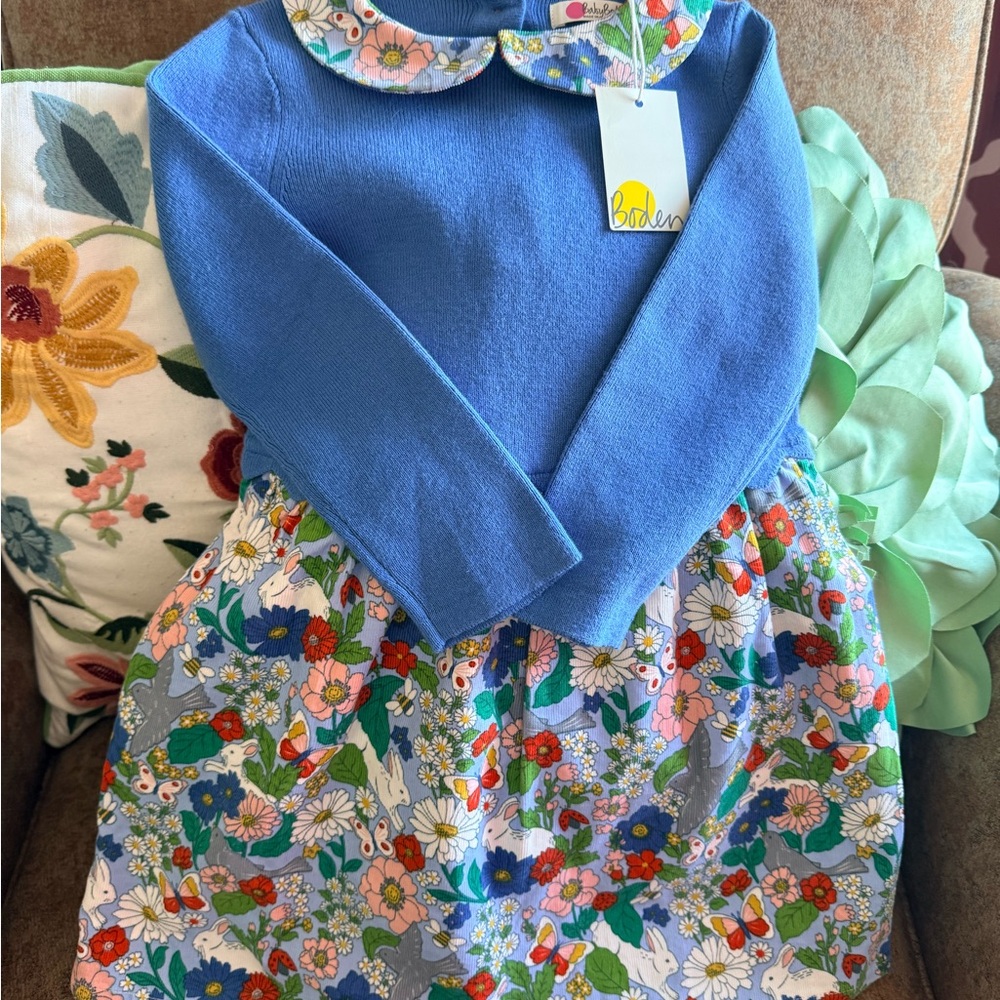 Mini Boden Girls Blue Floribunda Sweater/Cord Dress 3-4Y